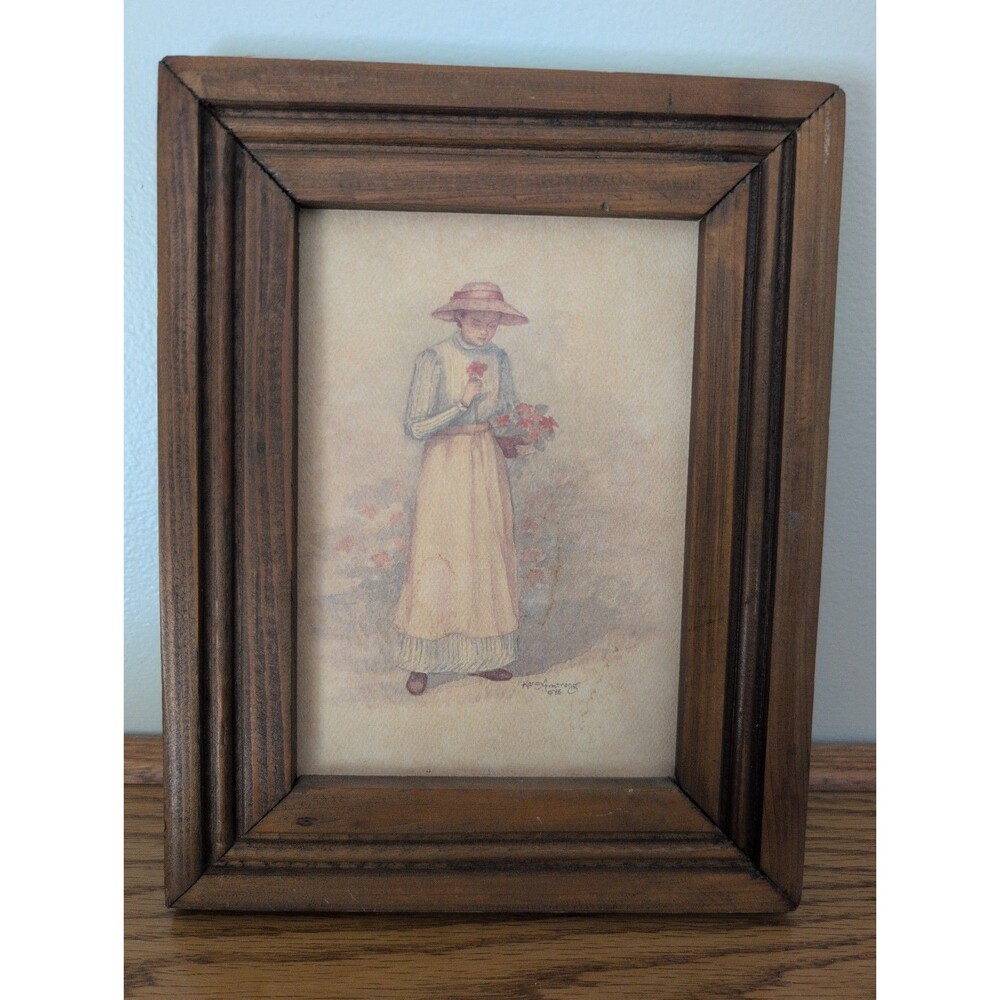 Vtg 1985 Karen Armstrong Watercolor Country Girl w/Flowers 9.5x 7.5 Cottage Core